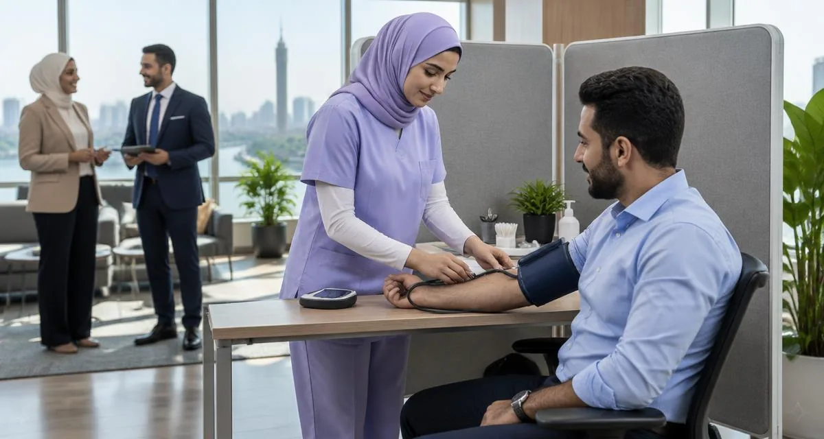 Nurse measuring an employee’s blood pressure at a workplace health screening station