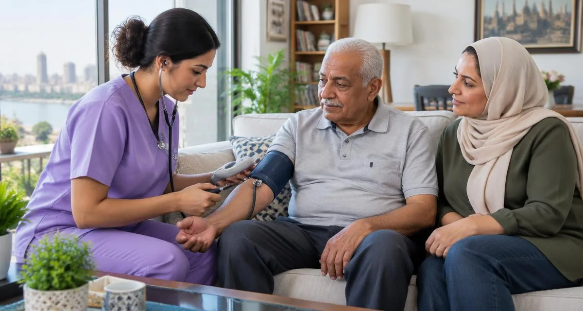 Home healthcare nurse measuring an elderly patient’s blood pressure with a family member present