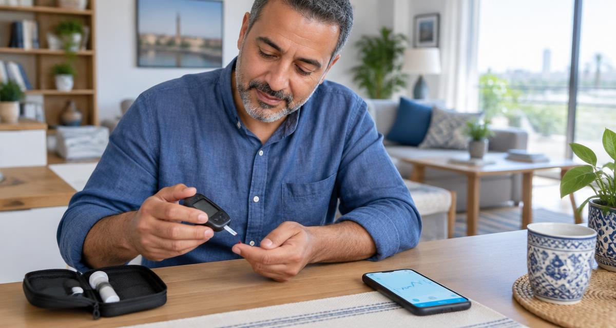 Patient checking blood glucose with remote follow-up