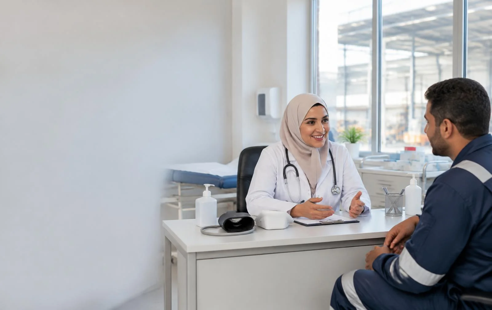 Illustrative Egyptian workplace clinic with a physician consulting a factory employee