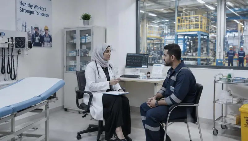 Doctor consulting a worker inside a modern on-site factory clinic overlooking the production floor