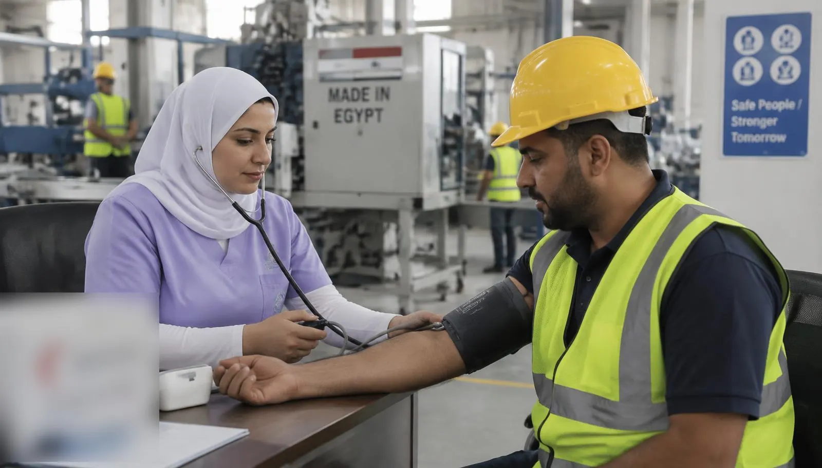 Hospitalia nurse checking a factory worker's blood pressure on the production floor in Egypt