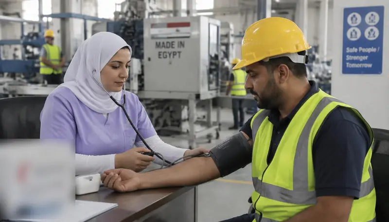 Hospitalia nurse checking a factory worker's blood pressure on the production floor in Egypt