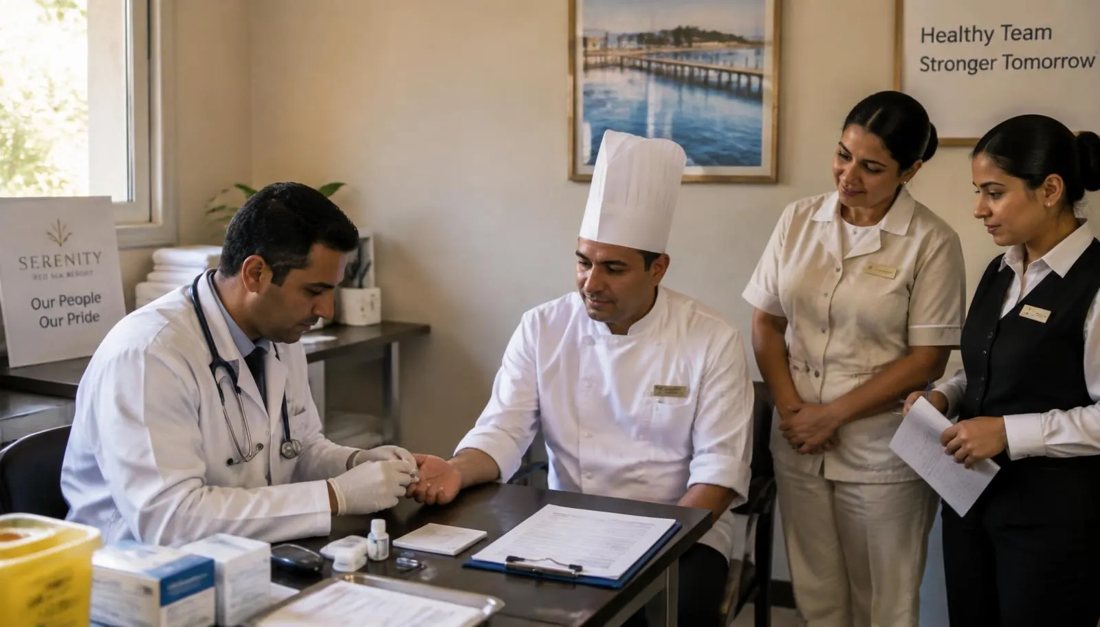طبيب يجري فحصاً صحياً لطاهٍ وفريق الإشراف الداخلي في مكتب خلفي بمنتجع