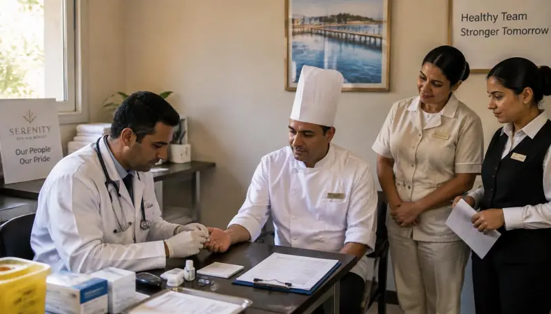 Doctor running a staff health screening for hotel chef and housekeeping team in a resort back office