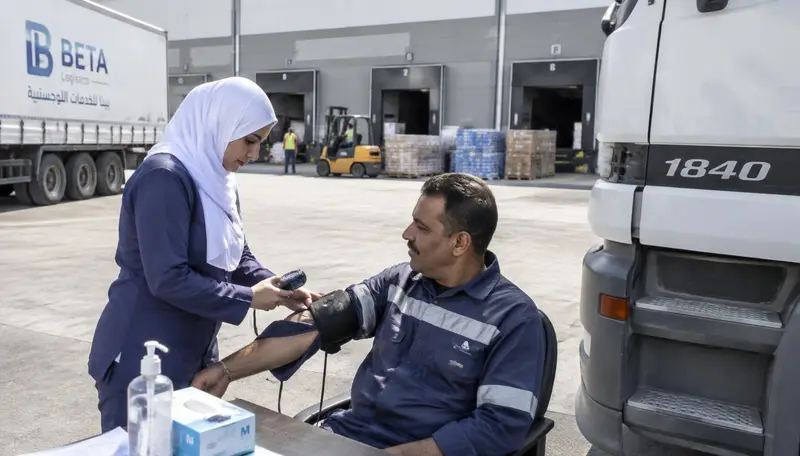 Nurse checking a truck driver's blood pressure at a logistics warehouse loading dock in Egypt