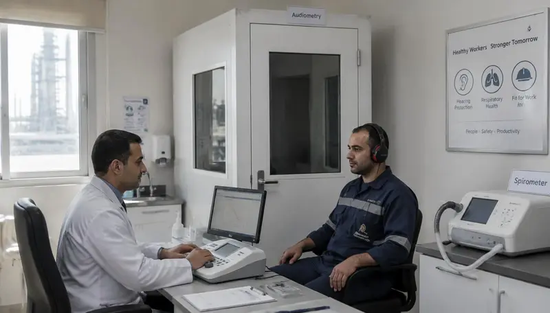 Occupational physician running an audiometry hearing test for a manufacturing worker