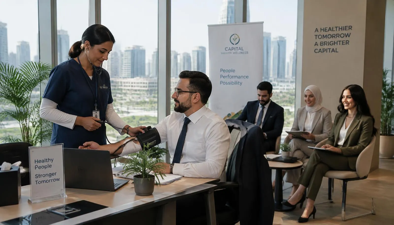 Nurse measuring an employee's blood pressure during a corporate wellness day in a modern Cairo office