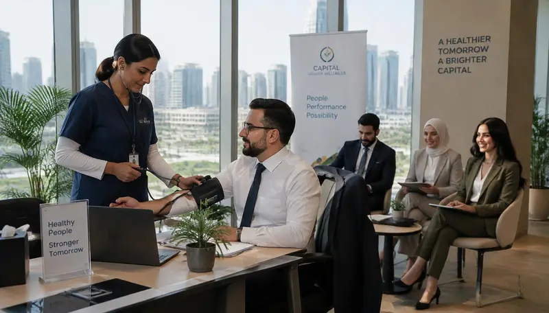 Nurse measuring an employee's blood pressure during a corporate wellness day in a modern Cairo office