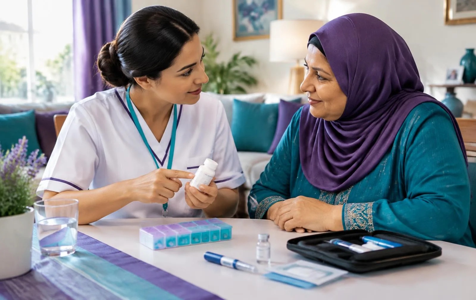 Hospitalia patient support nurse educating a patient at home about her medication in Egypt