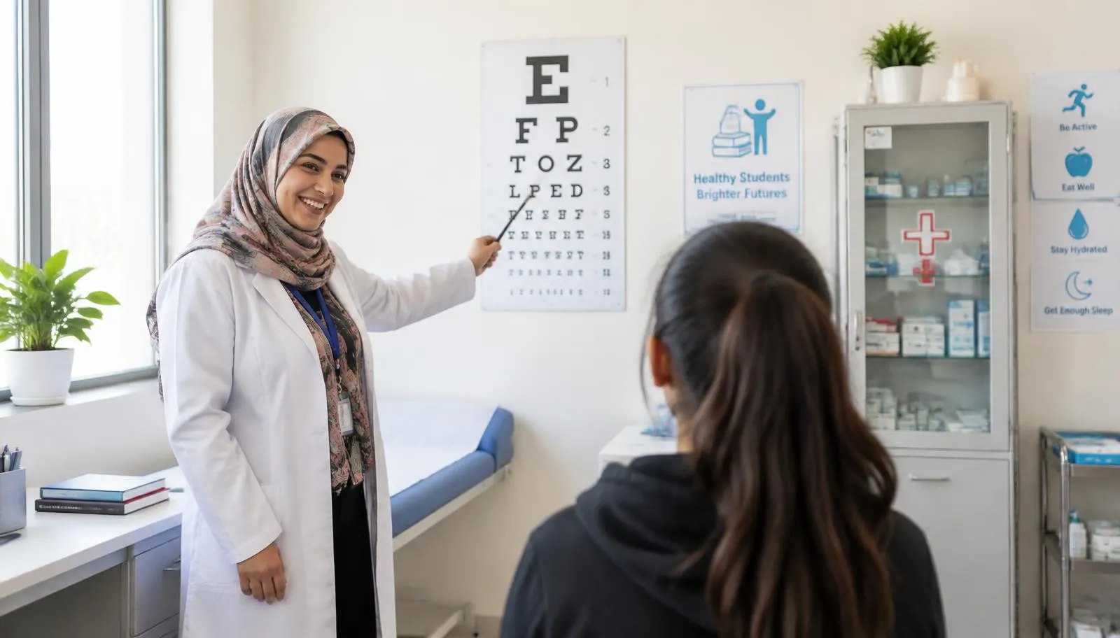 School nurse guiding a student through a vision test in a bright campus clinic