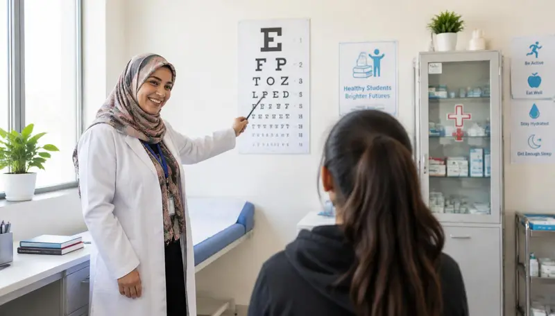 School nurse guiding a student through a vision test in a bright campus clinic