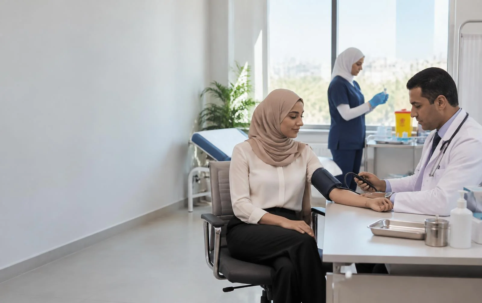 صورة توضيحية لجلسة رعاية داخل عمل مصري وممرضة تجهز مستلزمات طبية بالخلفية