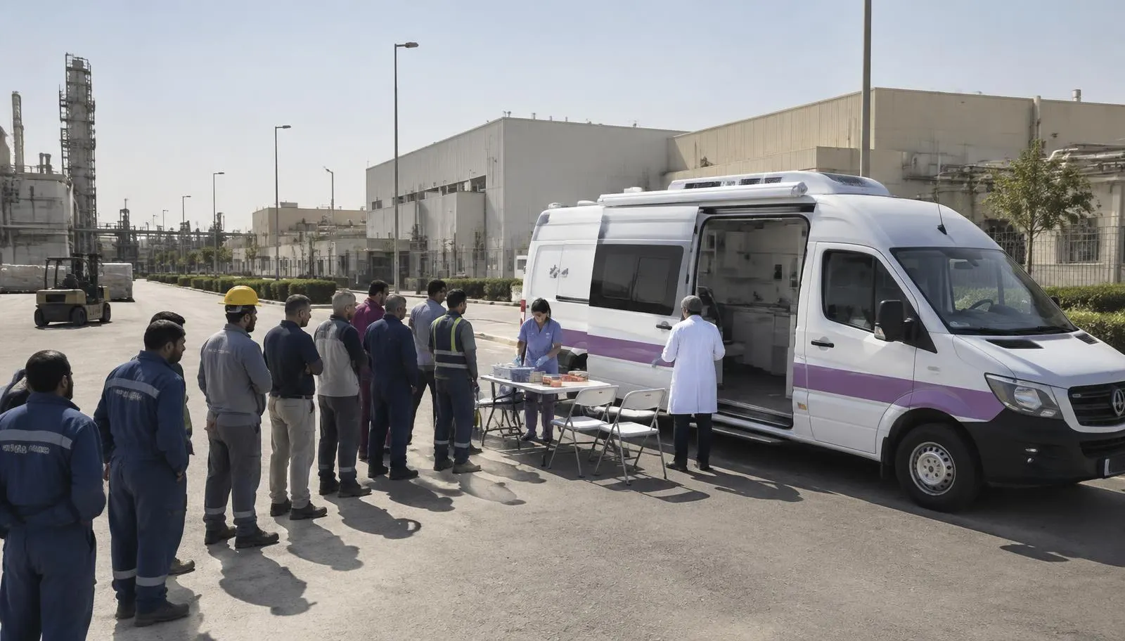 Mobile medical clinic van with workers queueing for health checks in an Egyptian industrial zone